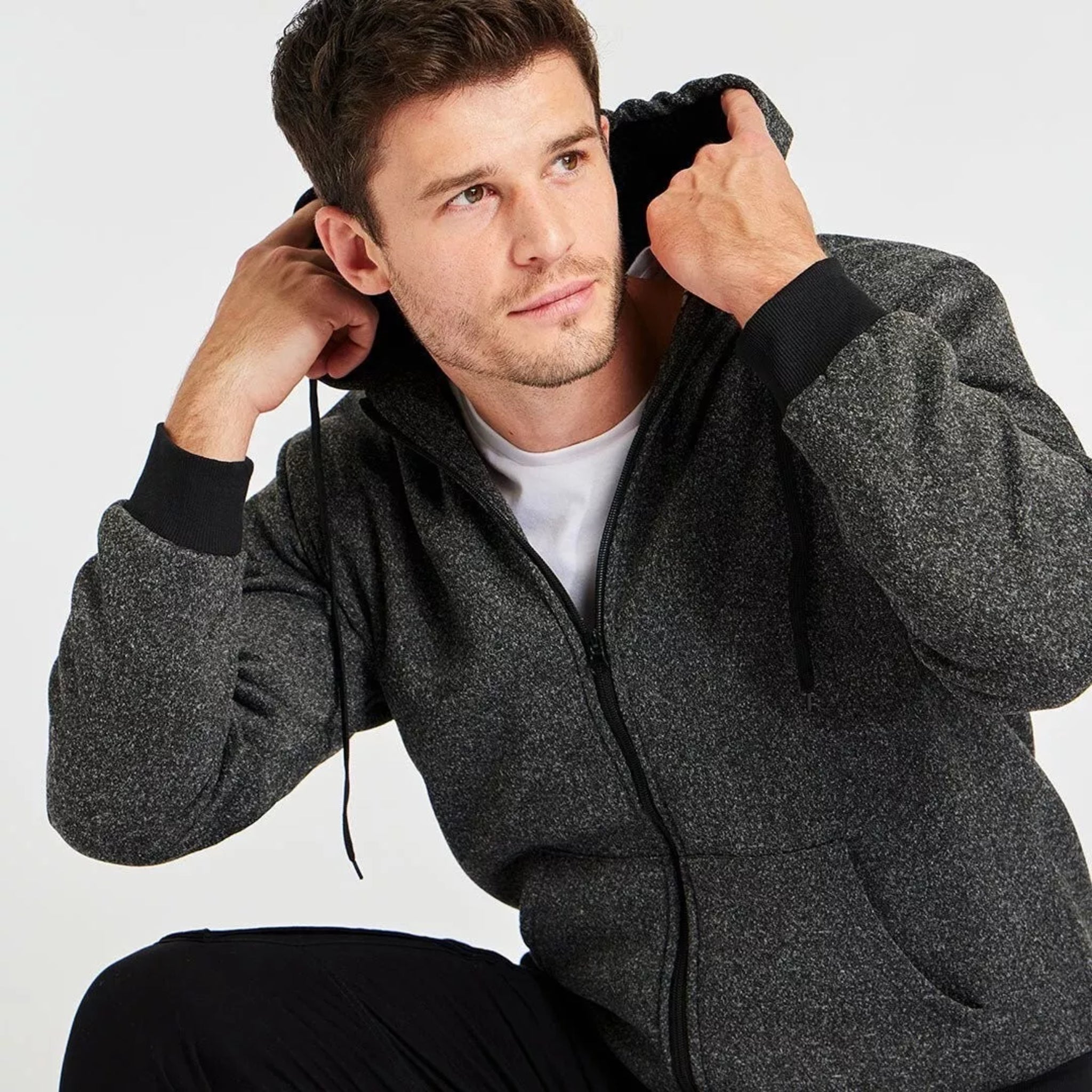 Men's fleece lined zip up hoodie in dark charcoal grey / black with black cuffs and drawstrings
